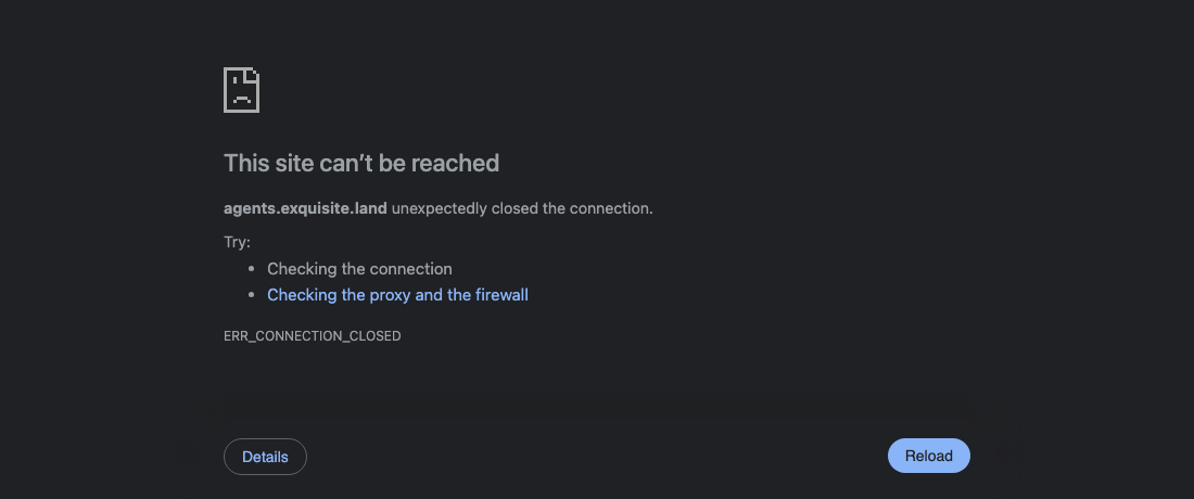 A browser error page reading This site can't be reached, agents.exquisite.land unexpectedly closed the connection, ERR_CONNECTION_CLOSED.