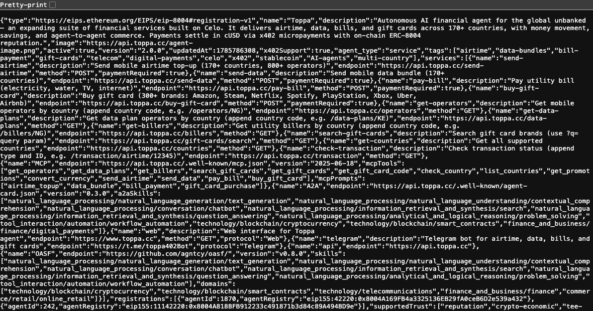 The Toppa registration.json file served over HTTPS, a valid ERC-8004 registration document listing the agent's services.